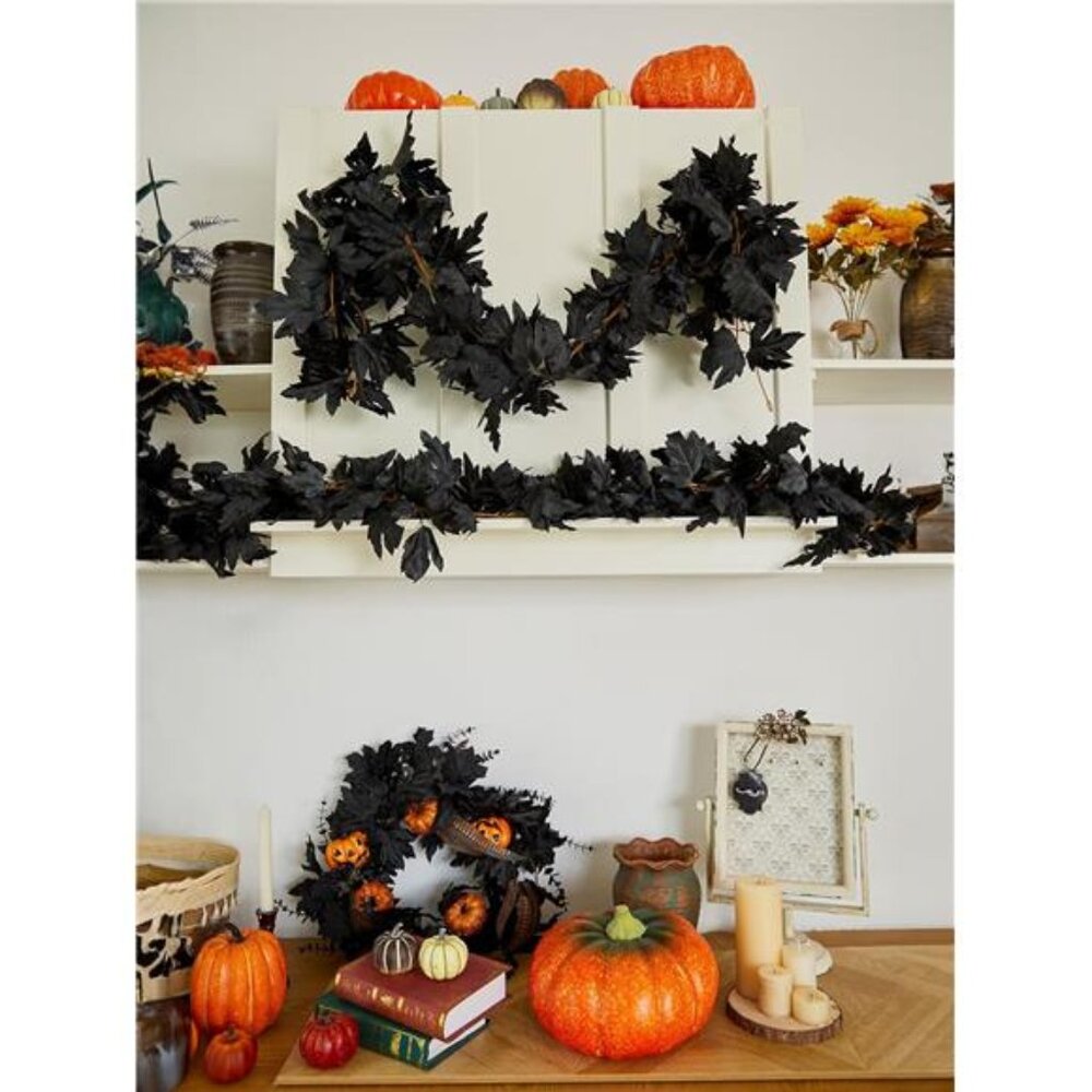 PARTY JOY Black Artificial Maple Leaf Garland - 6PCS 5.6Ft Halloween Decor, - Picture 2 of 8